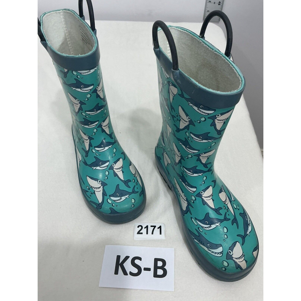 Kids Norty Waterproof Rubber Green Blue Sharks Size 1 Rain boots